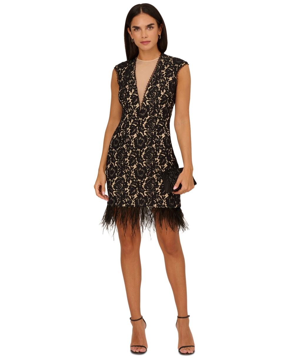 Aidan Adrianna Papell Feather Trim Sheath Whimsy Lace Dress Black/Nude 14 NWT